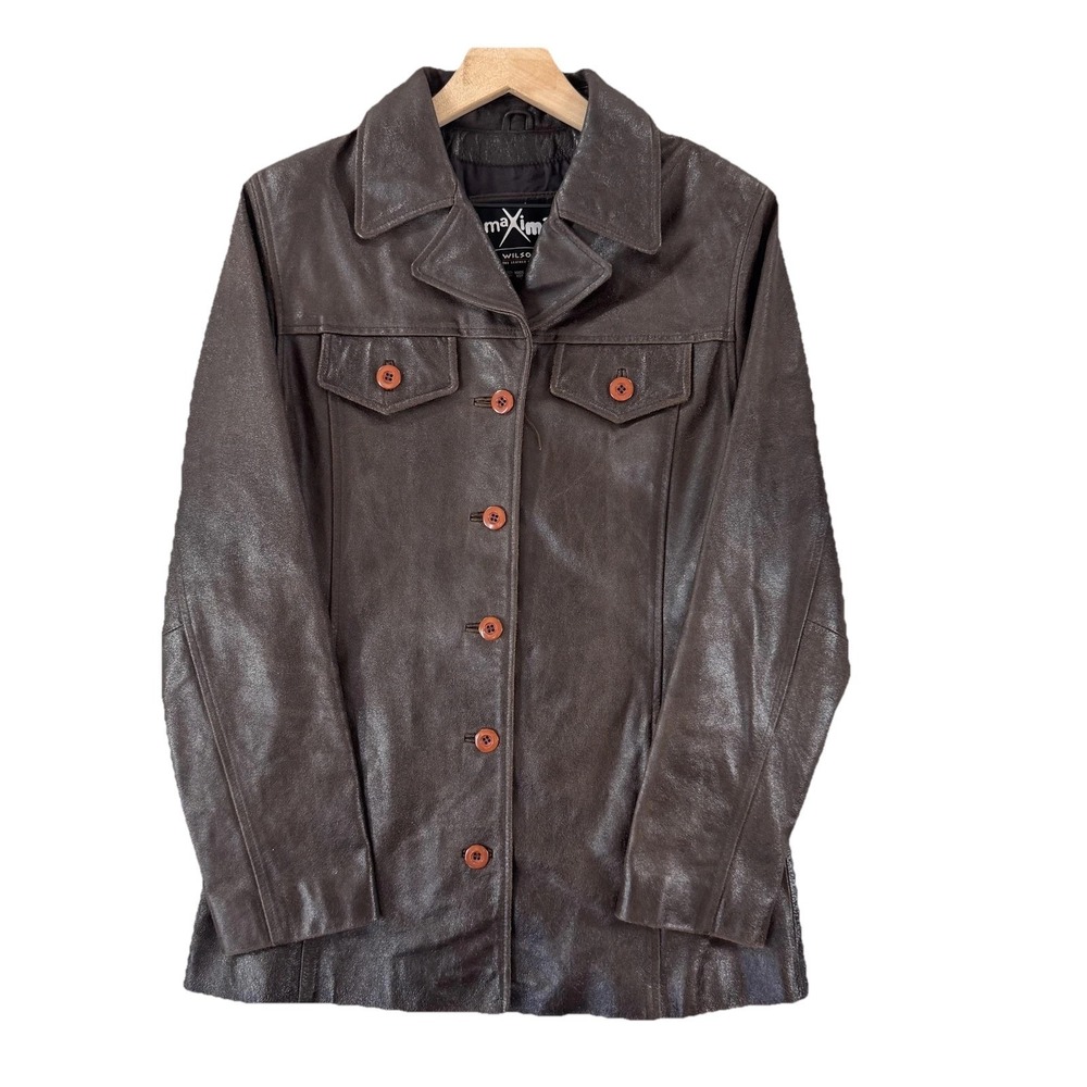 Wilsons Leather Maxima Coat Womens Medium Brown Button Front Lined Overcoat